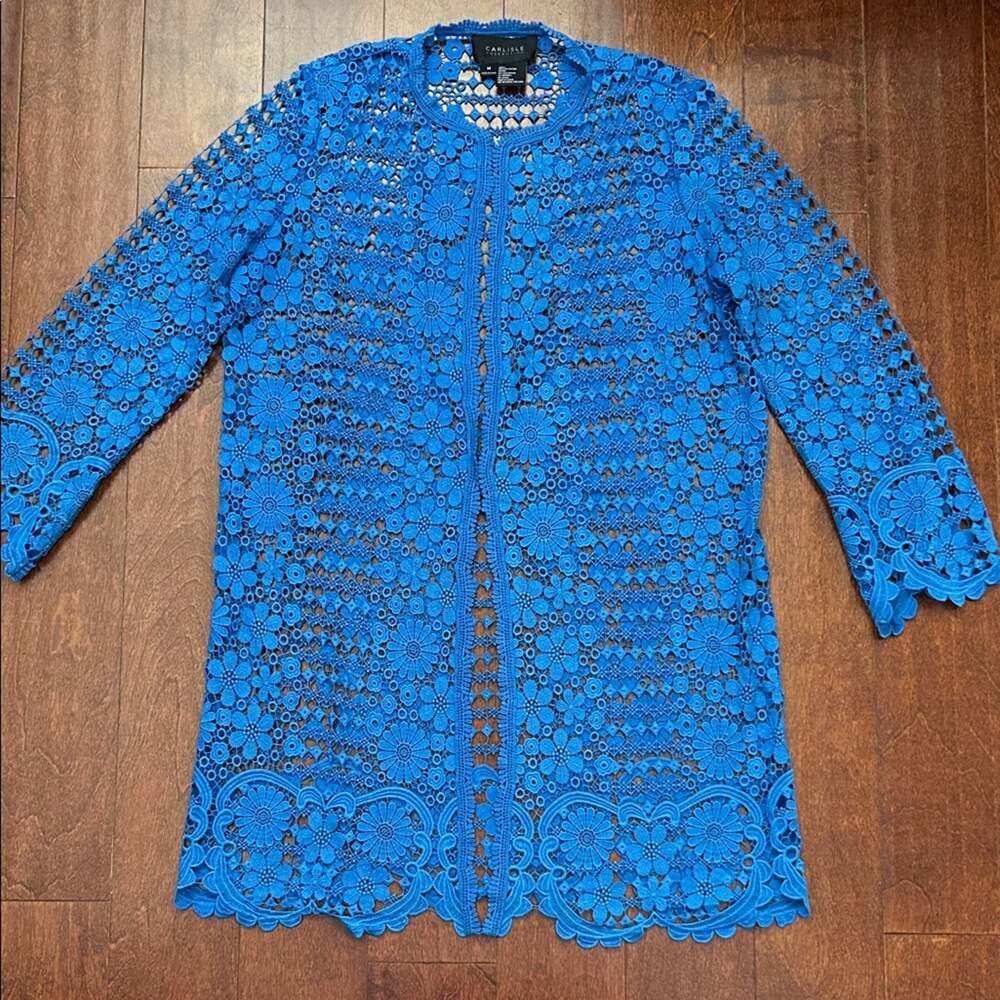 Carlisle Blue Open Crocheted Floral Jacket with Hook and Eye Closure, Size Med
